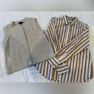 Ann Taylor Cream Cable Knit Sweater Vest and Stripped Shirt